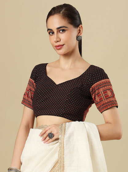 Black Ajrakh Printed Pure Cotton Saree Blouse