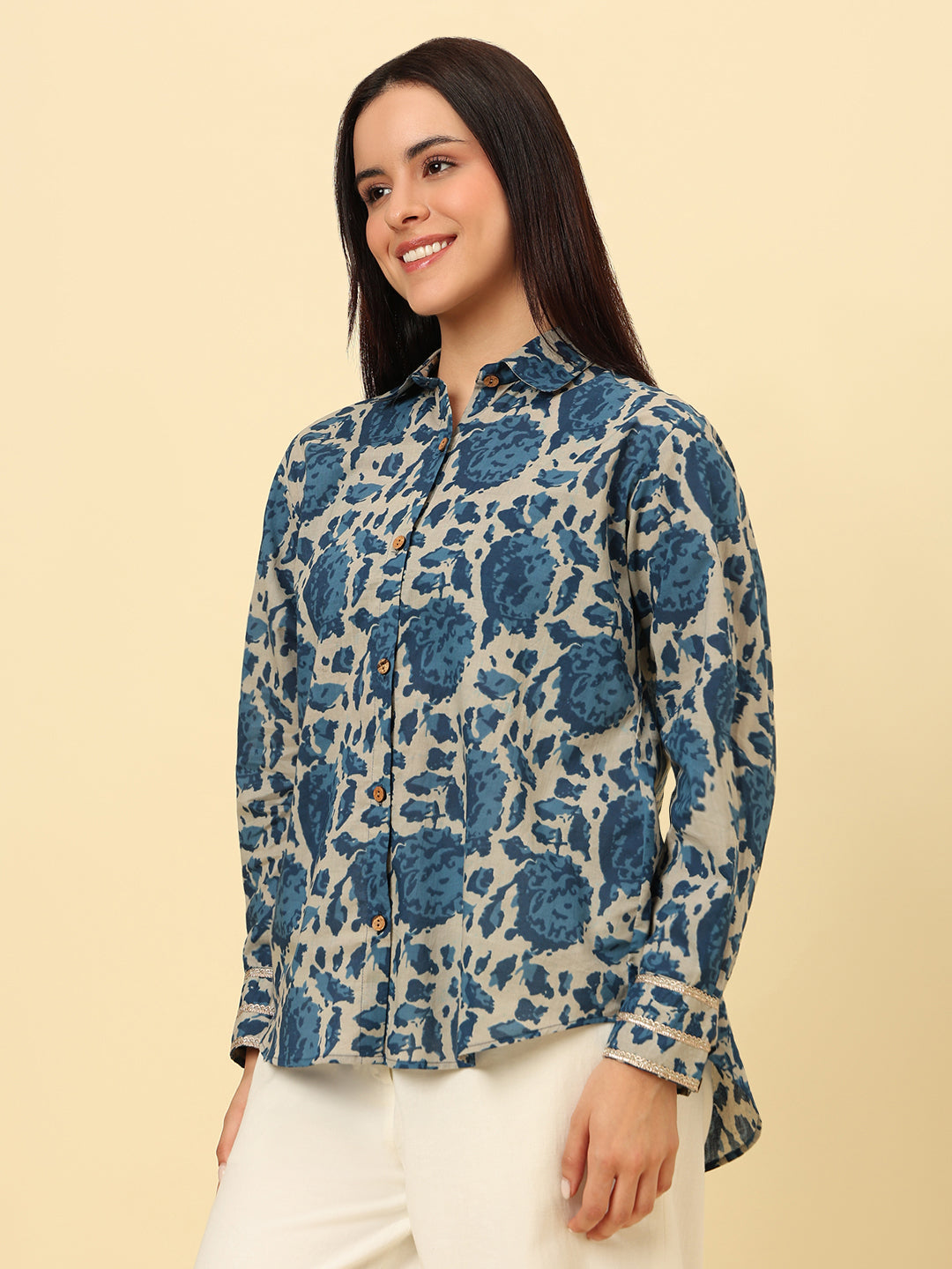 Blue Cotton Printed Oversized Casual Shirt