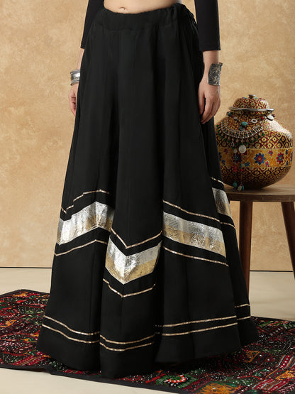 Black Embellished Lace Work Garba Cotton Readymade Skirt For Navratri