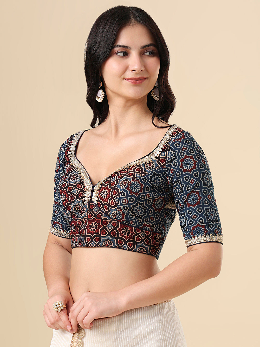 Blue Cotton Sweetheart Neck Hand Block Printed Ajrakh Readymade Blouse