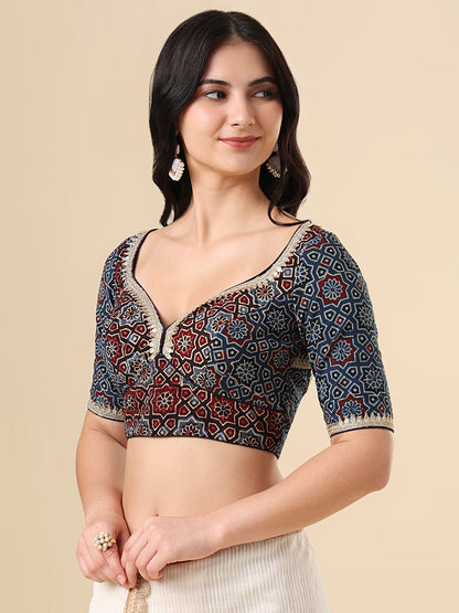 Blue Cotton Sweetheart Neck Hand Block Printed Ajrakh Readymade Blouse