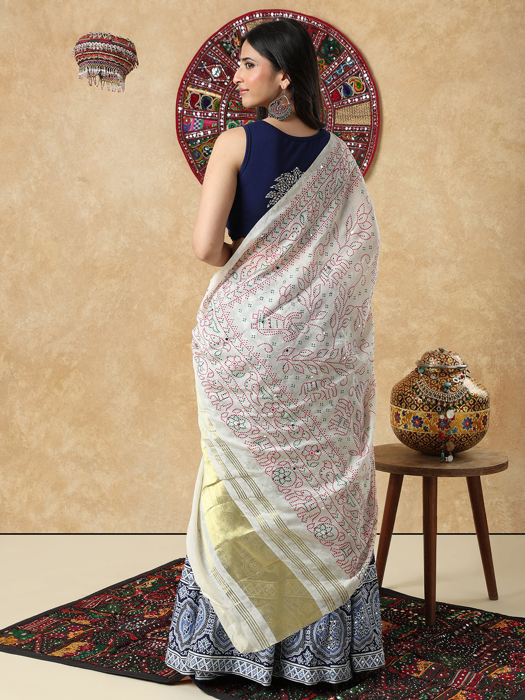Cream Silk Bandhani Printed Festive Garba Dupatta For Navratri