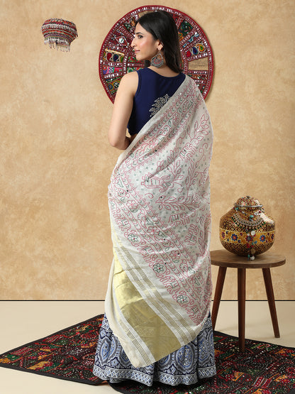 Cream Silk Bandhani Printed Festive Garba Dupatta For Navratri