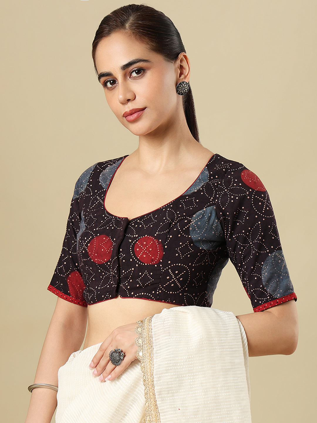 Ajrakh Block Printed Cotton Round Neck Non-Padded Saree Blouse