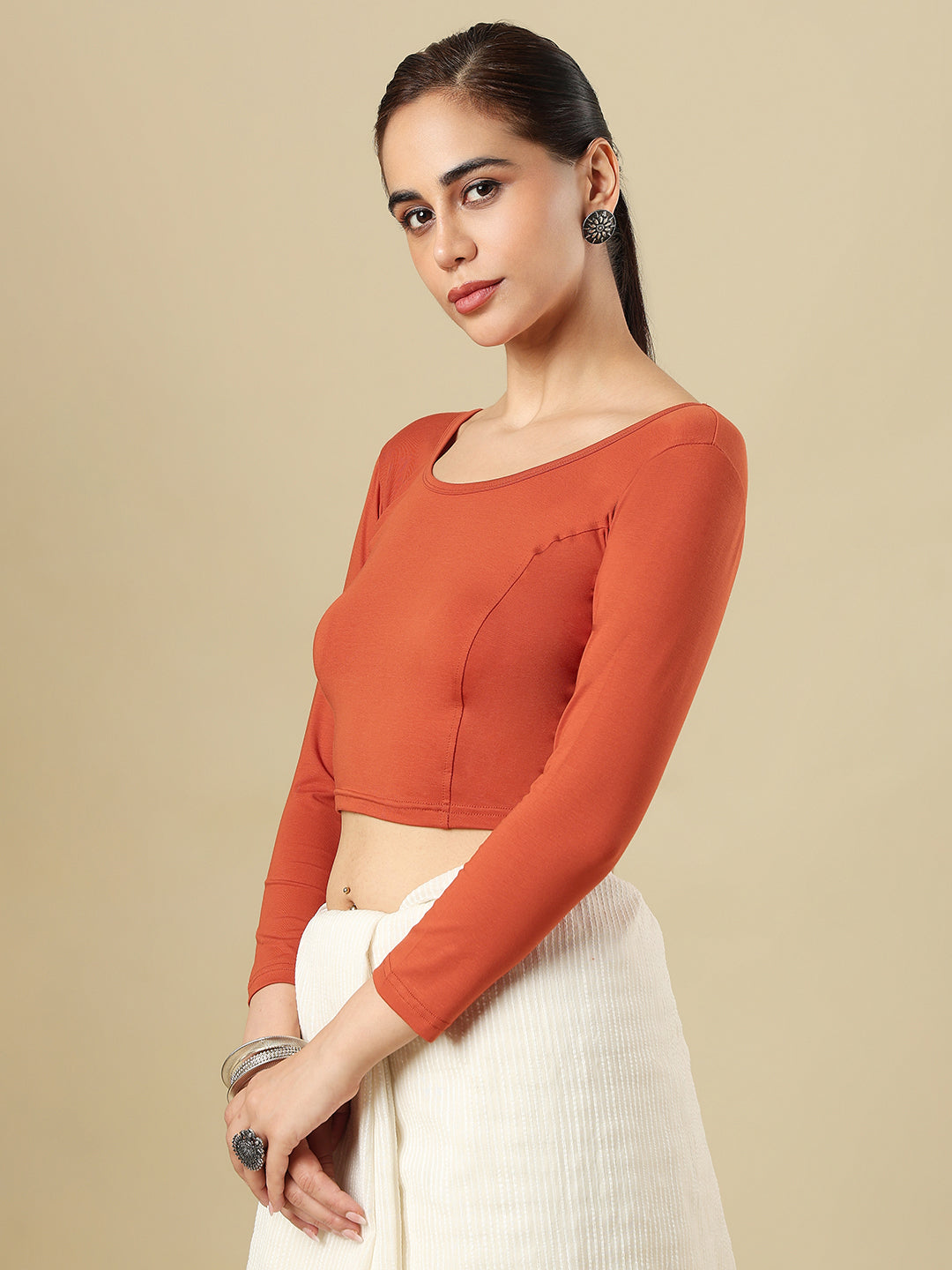 Rust Cotton Lycra Round Neck Stretchable Saree Blouse