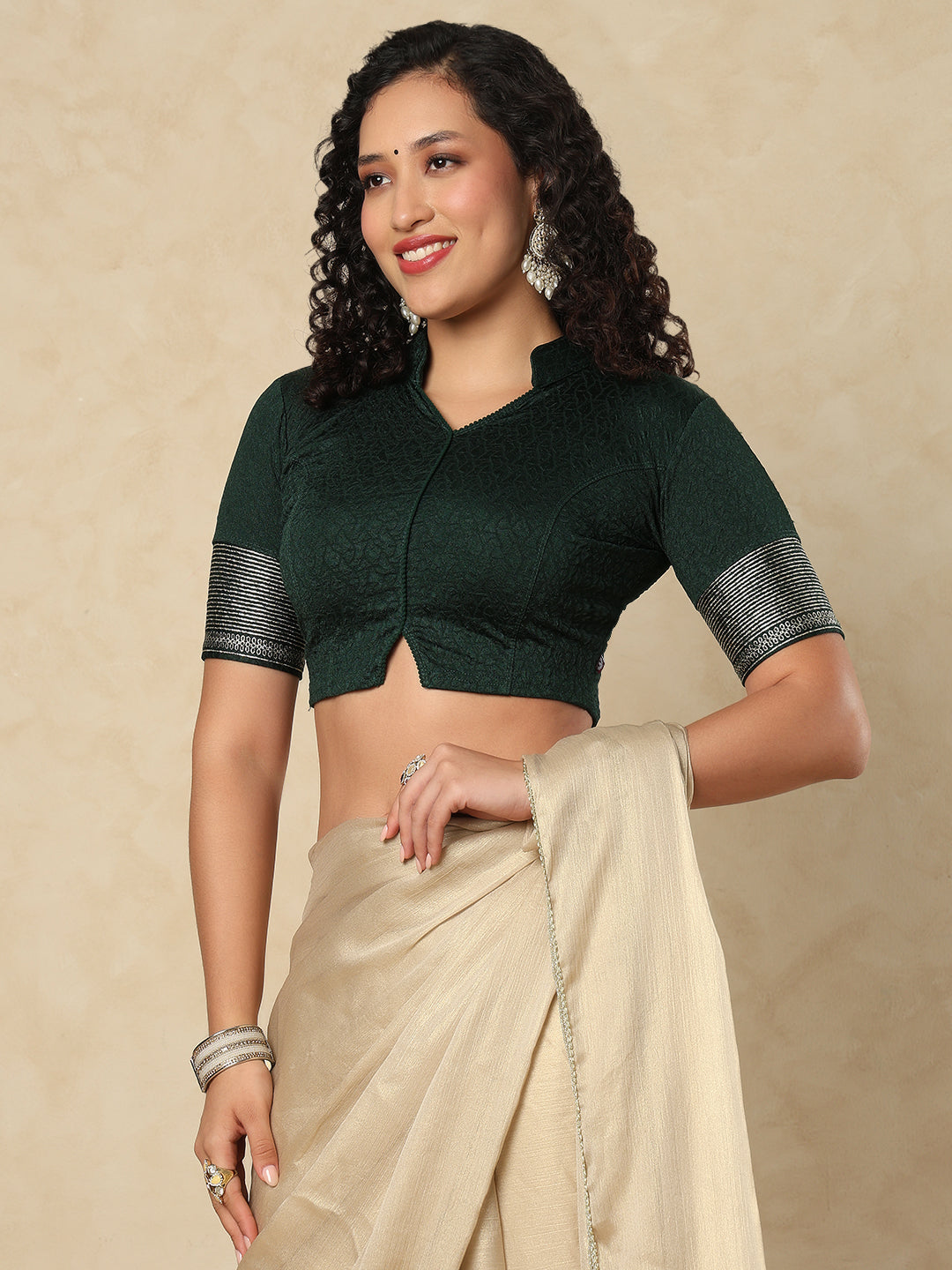 Green Cotton Lycra Stand Collar Readymade Blouse