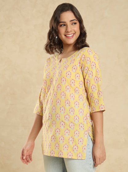 Yellow Cotton Printed Short Kurti