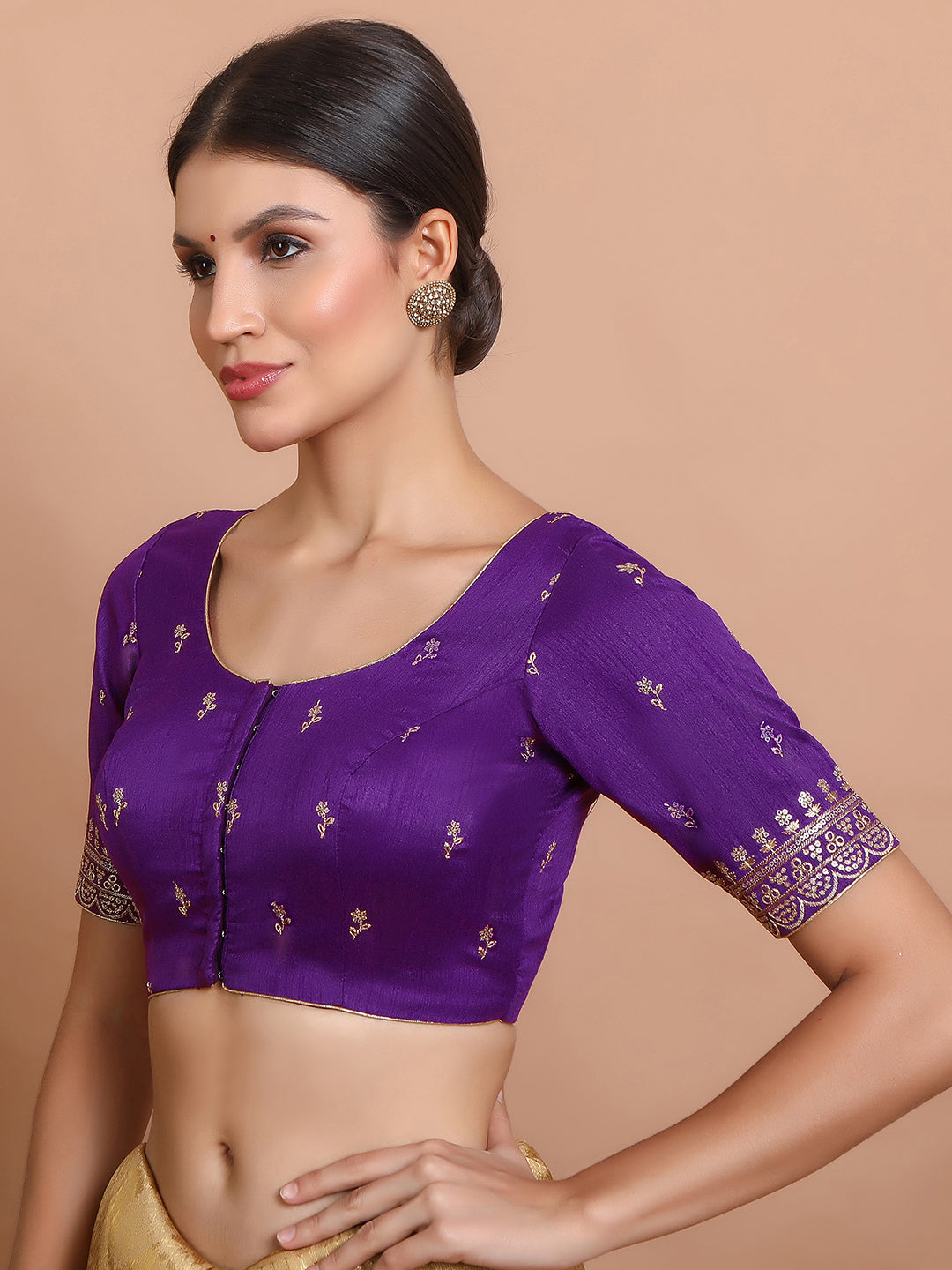 Purple Silk Embroidered Round Neck Readymade Blouse