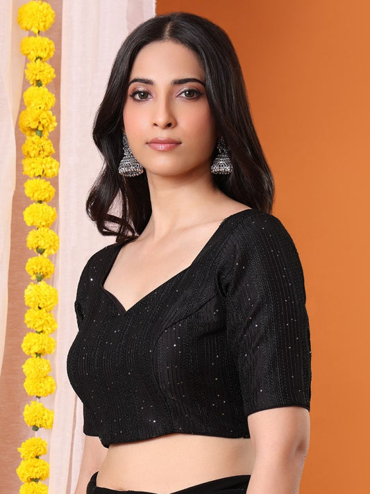 Black Georgette Embellished Sweetheart Neck Padded Saree Blouse