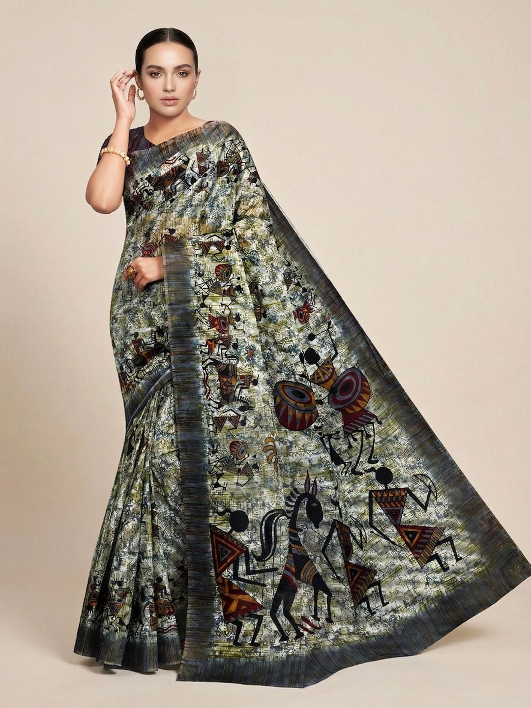 Grey Warli Printed Pure Cotton Saree