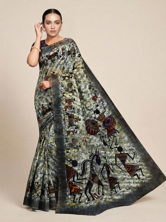 Grey Warli Printed Pure Cotton Saree
