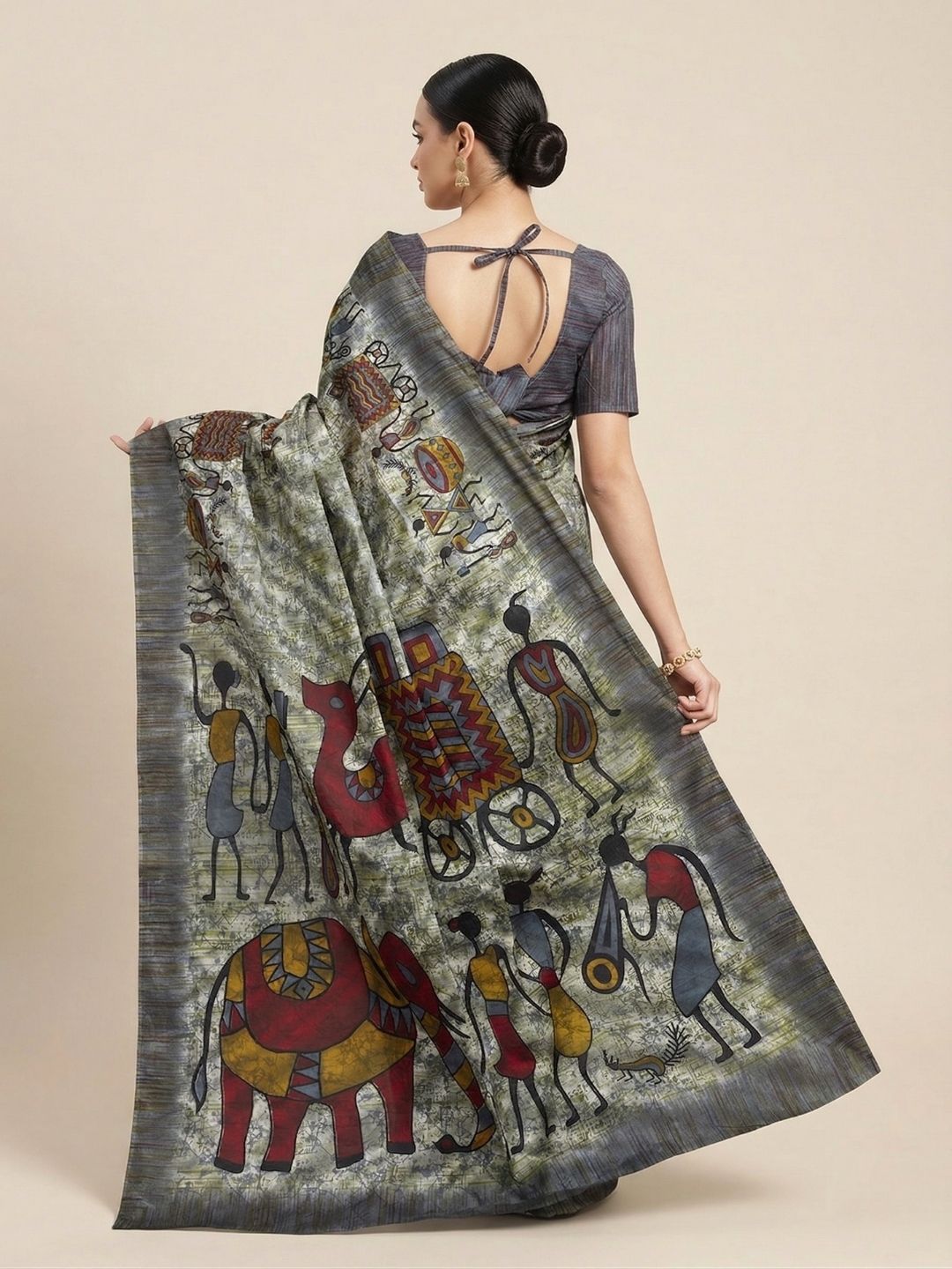 Grey Warli Printed Pure Cotton Saree