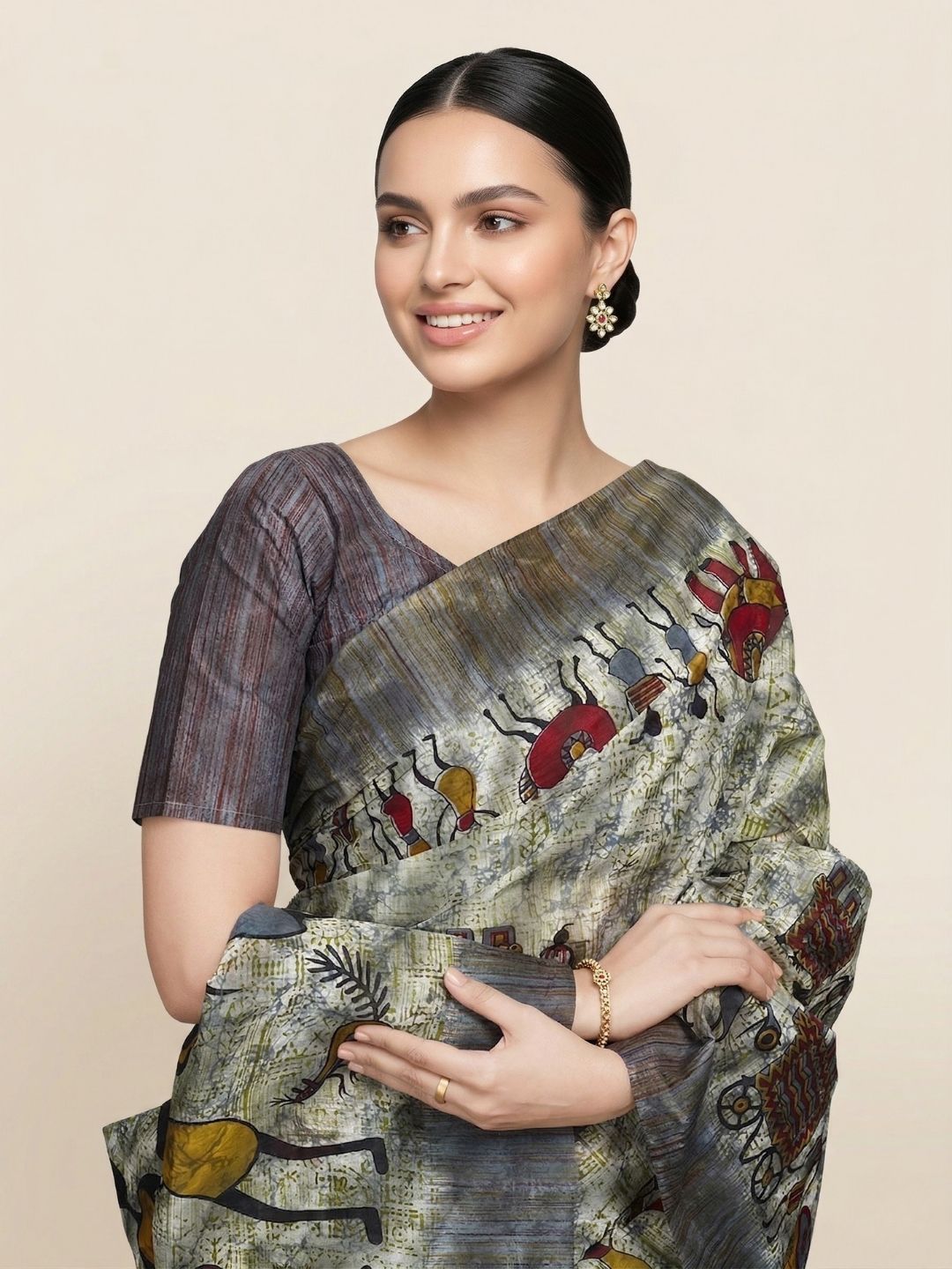 Grey Warli Printed Pure Cotton Saree