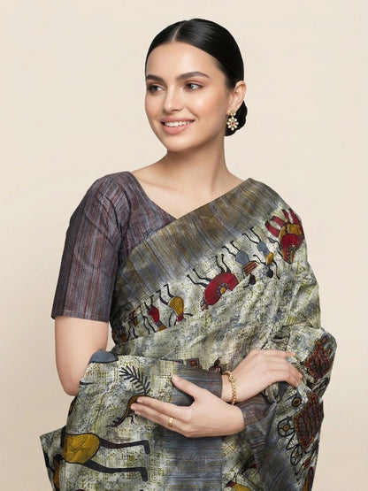 Grey Warli Printed Pure Cotton Saree