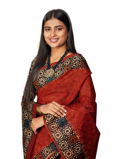 Rust Batik Printed Pure Cotton Saree