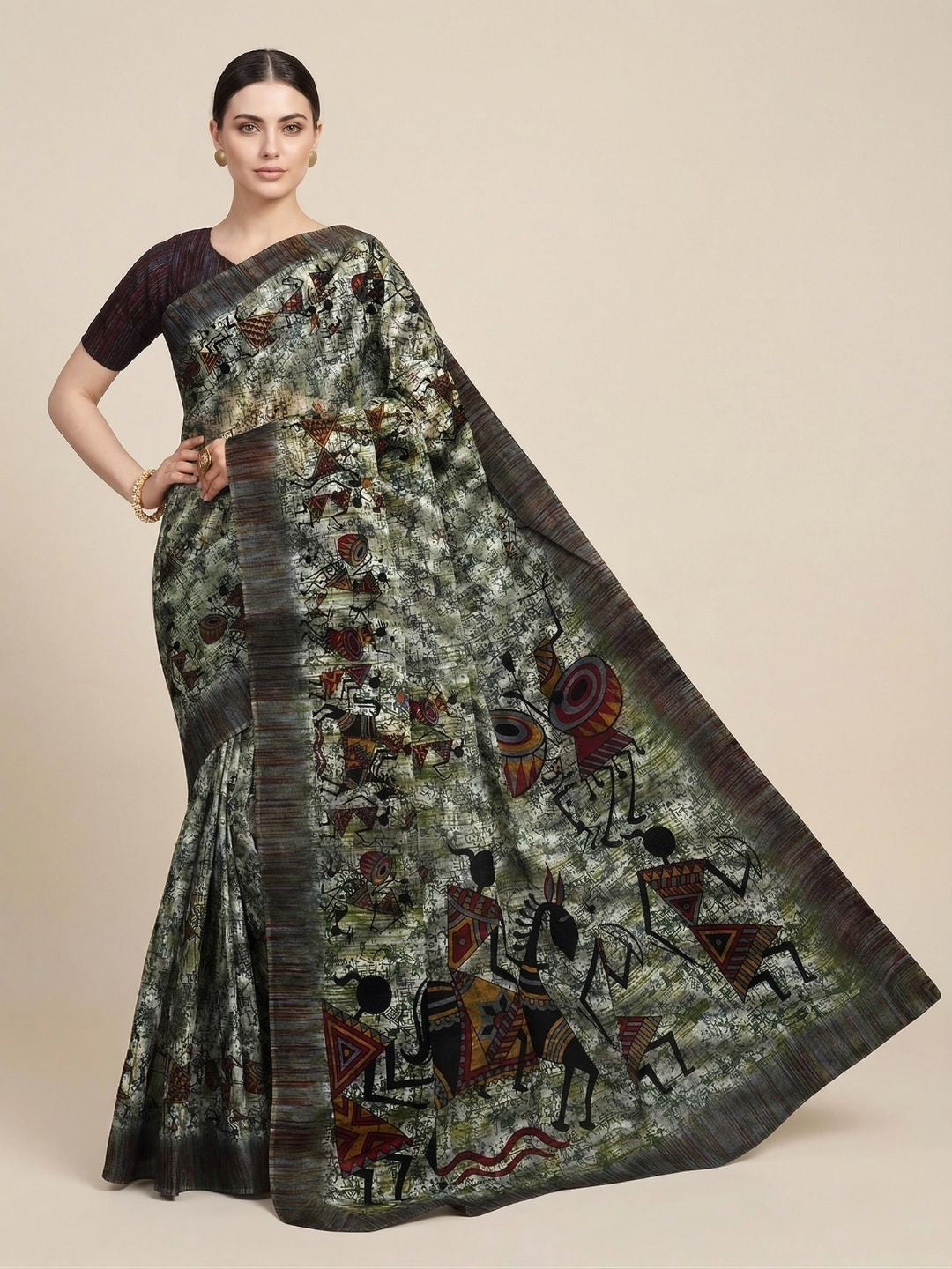 Grey Warli Printed Pure Cotton Saree