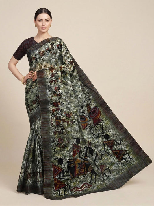 Grey Warli Printed Pure Cotton Saree