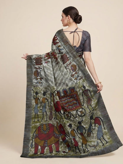 Grey Warli Printed Pure Cotton Saree