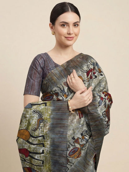 Grey Warli Printed Pure Cotton Saree
