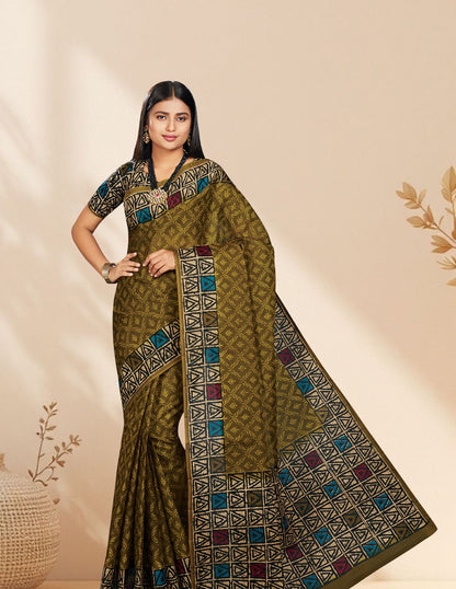 Olive Batik Printed Pure Cotton Saree