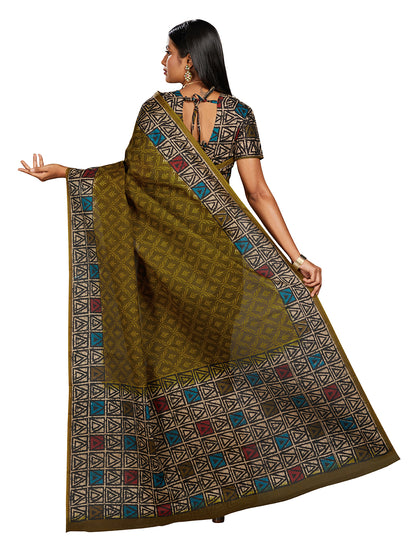 Olive Batik Printed Pure Cotton Saree