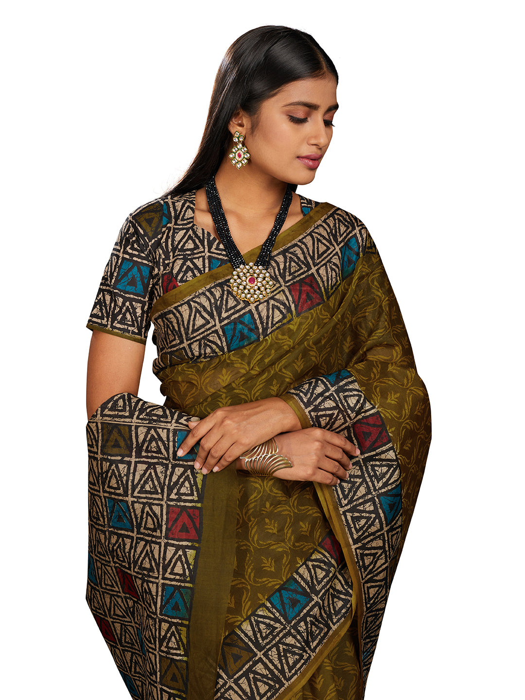 Olive Batik Printed Pure Cotton Saree