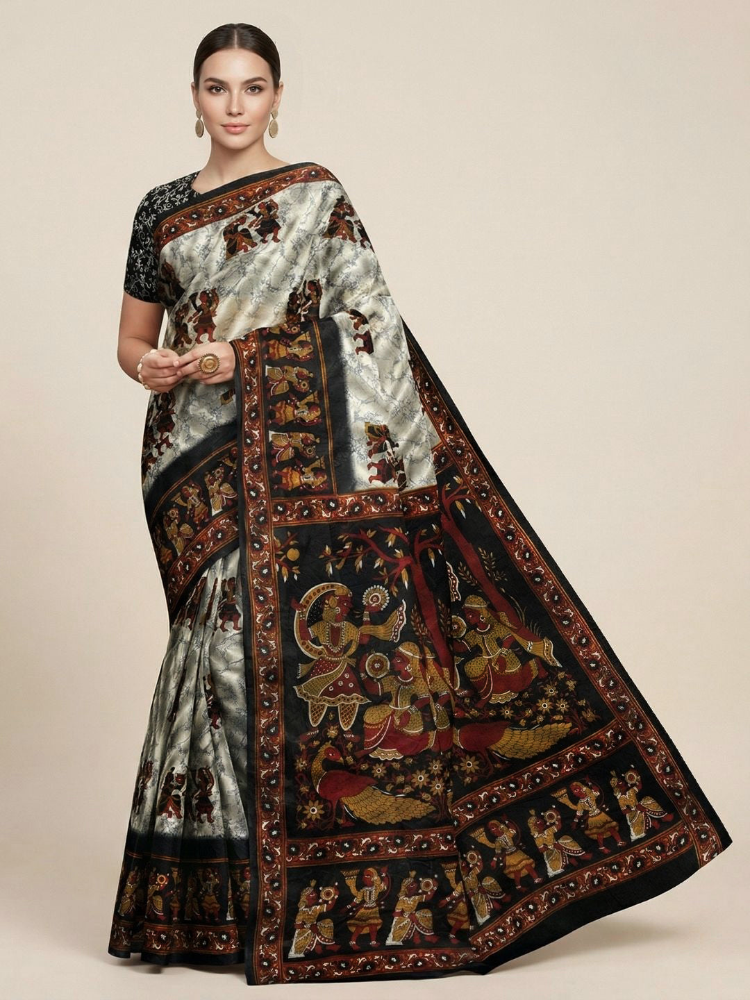 Grey & Black Warli Printed Pure Cotton Saree