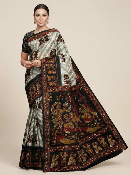 Grey & Black Warli Printed Pure Cotton Saree