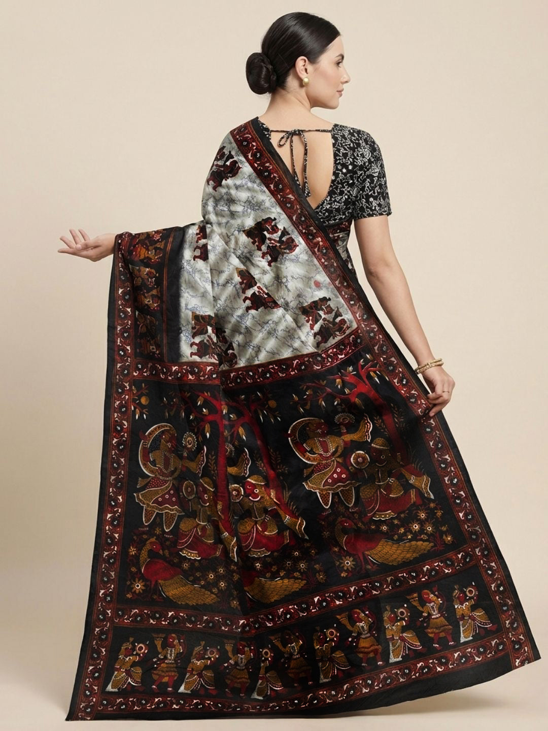 Grey & Black Warli Printed Pure Cotton Saree