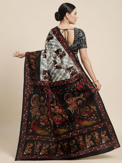 Grey & Black Warli Printed Pure Cotton Saree