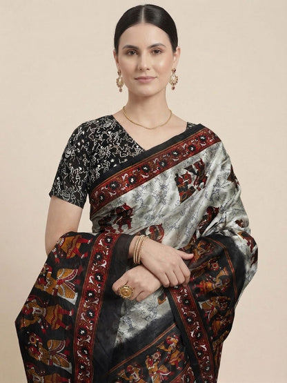 Grey & Black Warli Printed Pure Cotton Saree