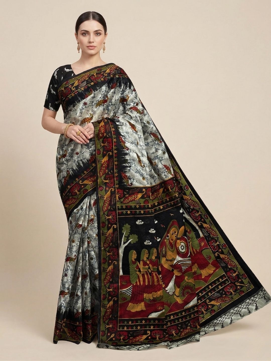 Grey Warli Printed Pure Cotton Saree