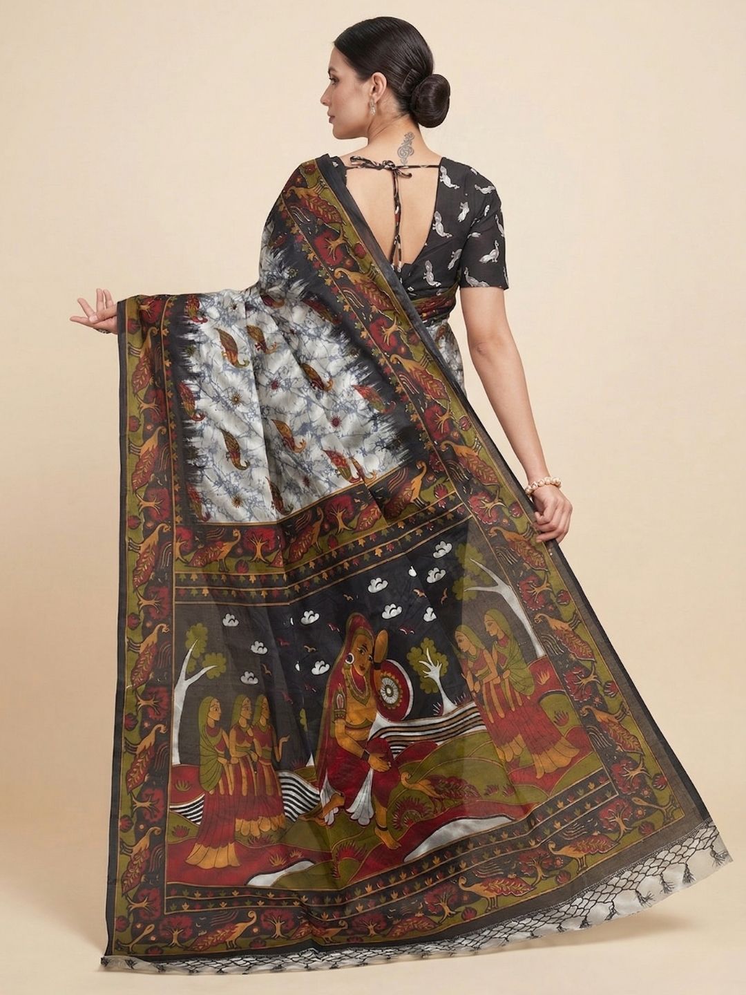 Grey Warli Printed Pure Cotton Saree