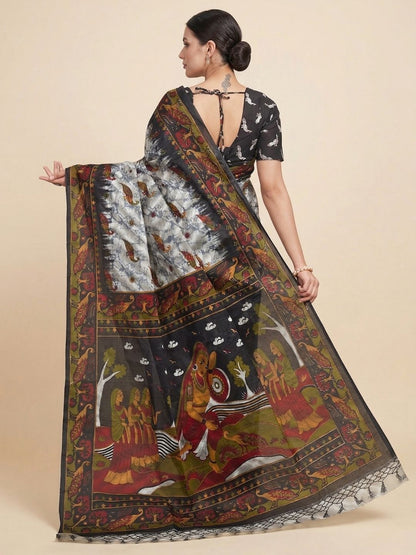 Grey Warli Printed Pure Cotton Saree