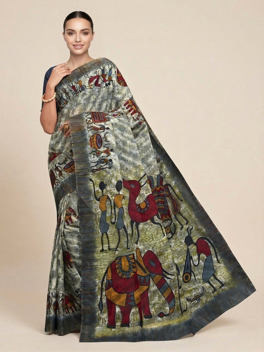 Grey Warli Printed Pure Cotton Saree