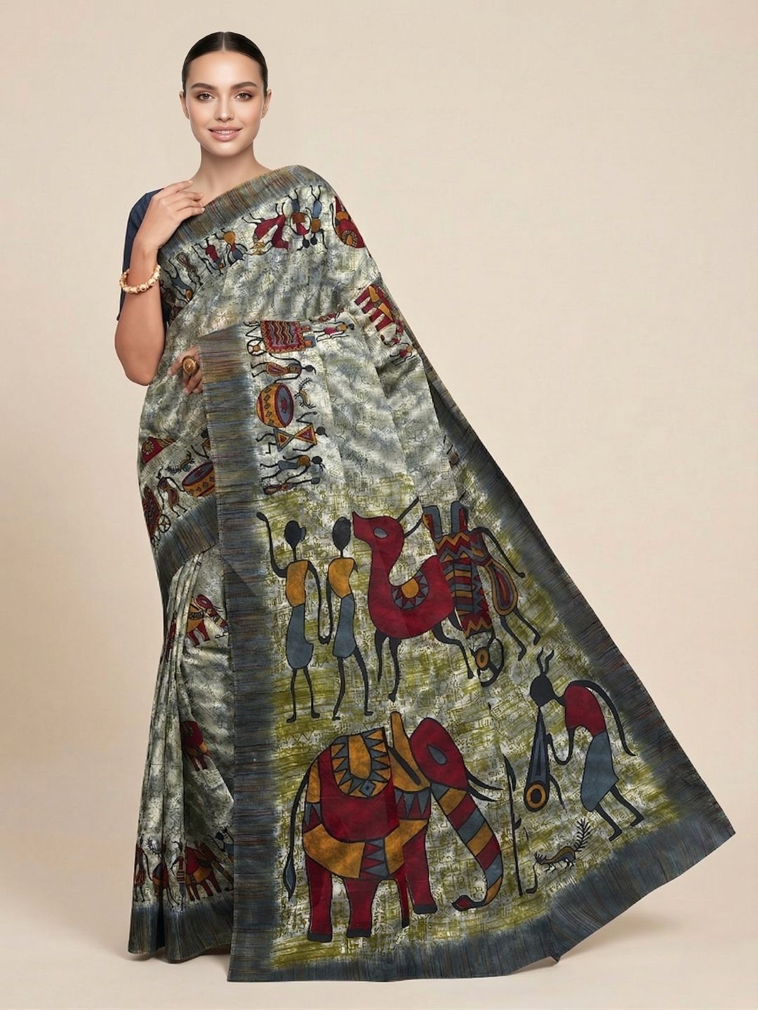 Grey Warli Printed Pure Cotton Saree