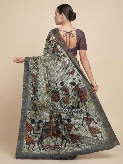 Grey Warli Printed Pure Cotton Saree