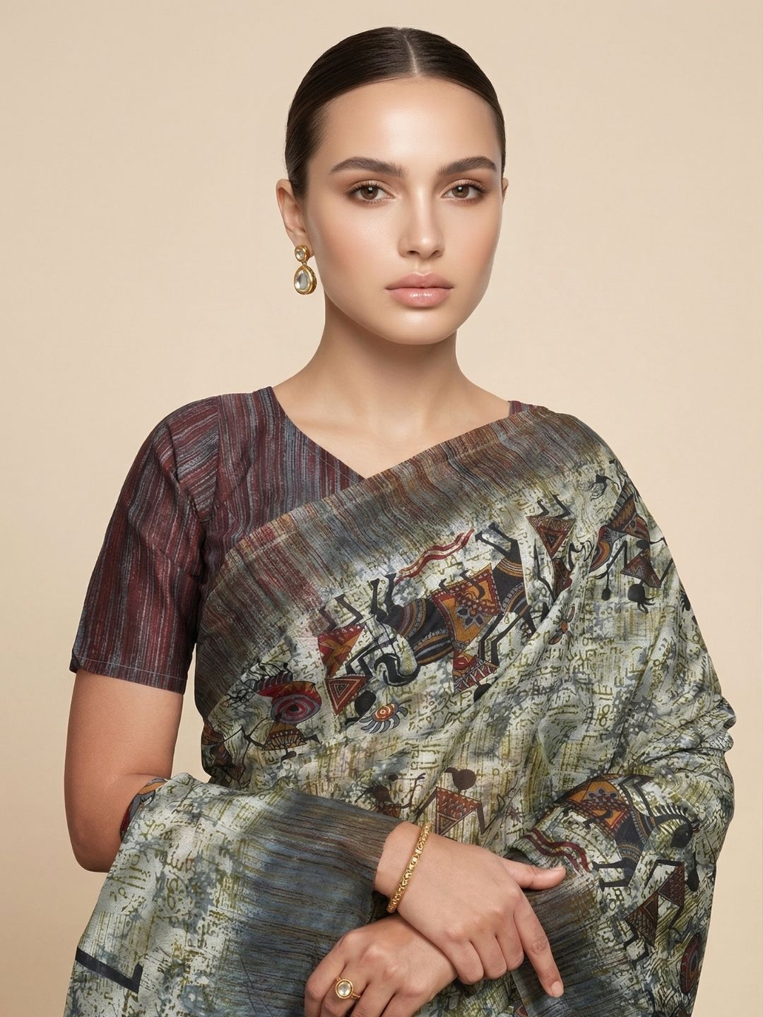 Grey Warli Printed Pure Cotton Saree