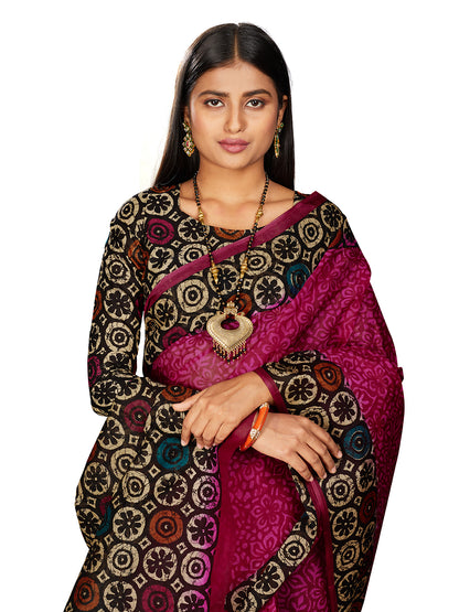 Purple Batik Printed Pure Cotton Saree