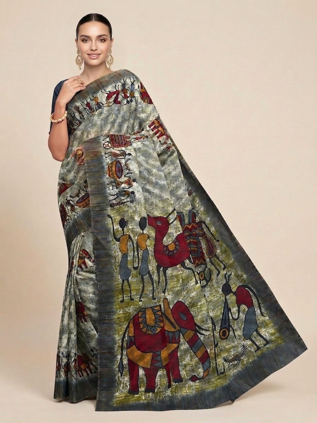 Grey Warli Printed Pure Cotton Saree