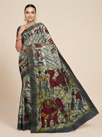 Grey Warli Printed Pure Cotton Saree