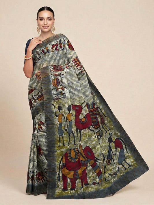 Grey Warli Printed Pure Cotton Saree