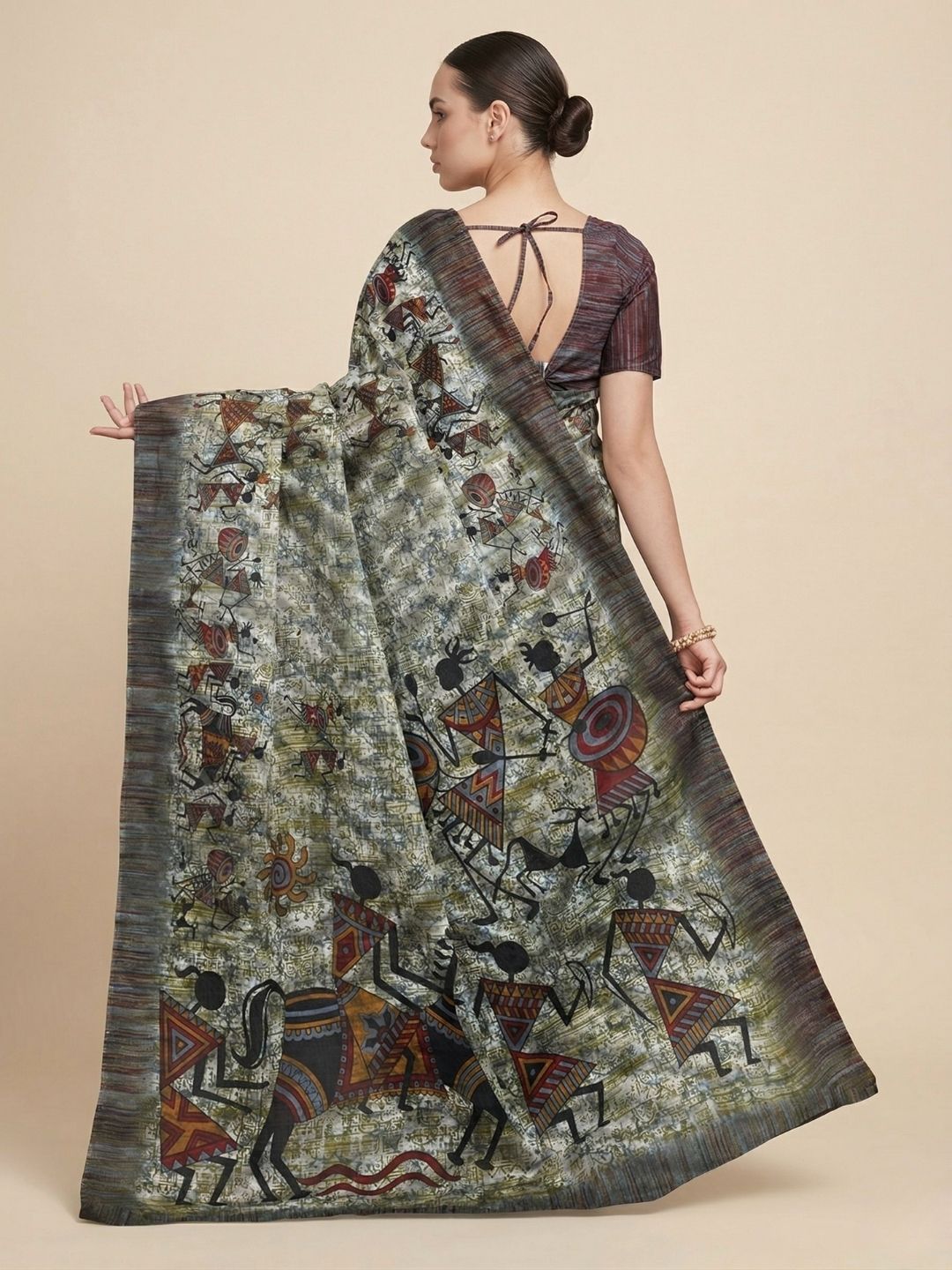 Grey Warli Printed Pure Cotton Saree