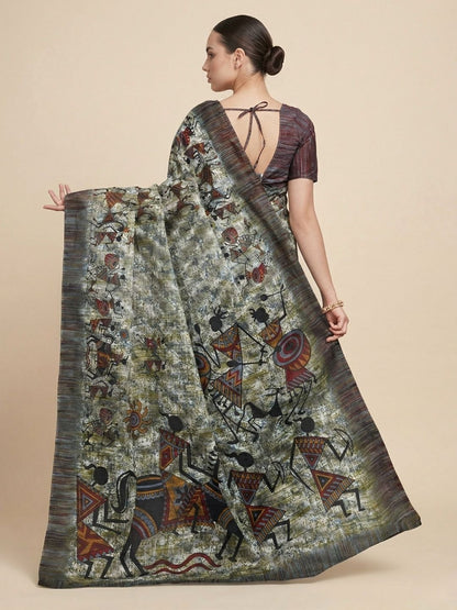 Grey Warli Printed Pure Cotton Saree