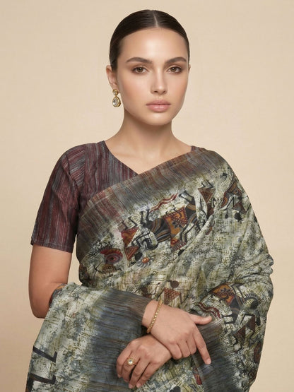 Grey Warli Printed Pure Cotton Saree