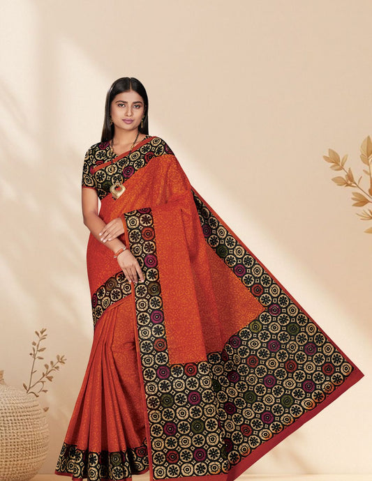 Orange Batik Printed Pure Cotton Saree