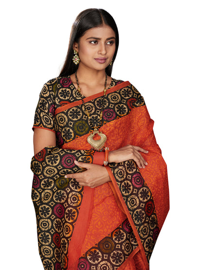 Orange Batik Printed Pure Cotton Saree
