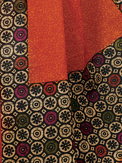 Orange Batik Printed Pure Cotton Saree
