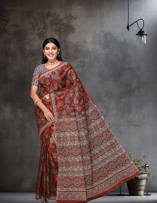 AARTI Brown Printed Pure Cotton Saree