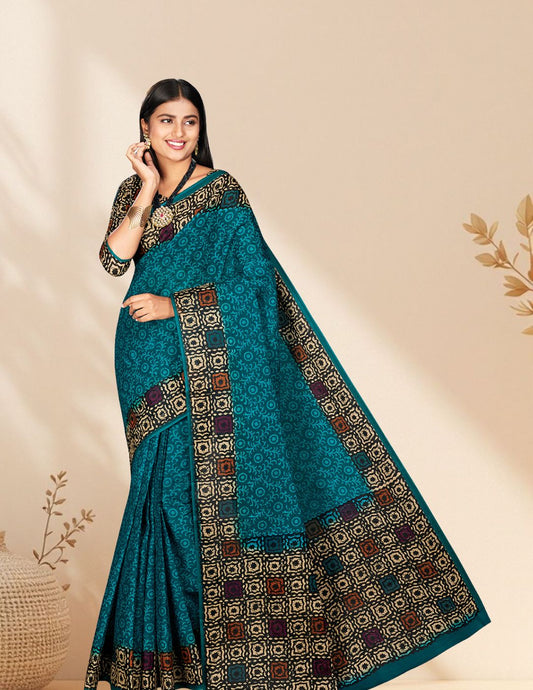 Blue Batik Printed Pure Cotton Saree